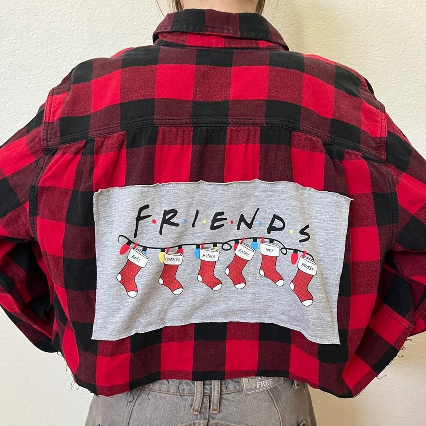 Friends Christmas Flannel Shirt Crop Shirt upcycled one of a kind large