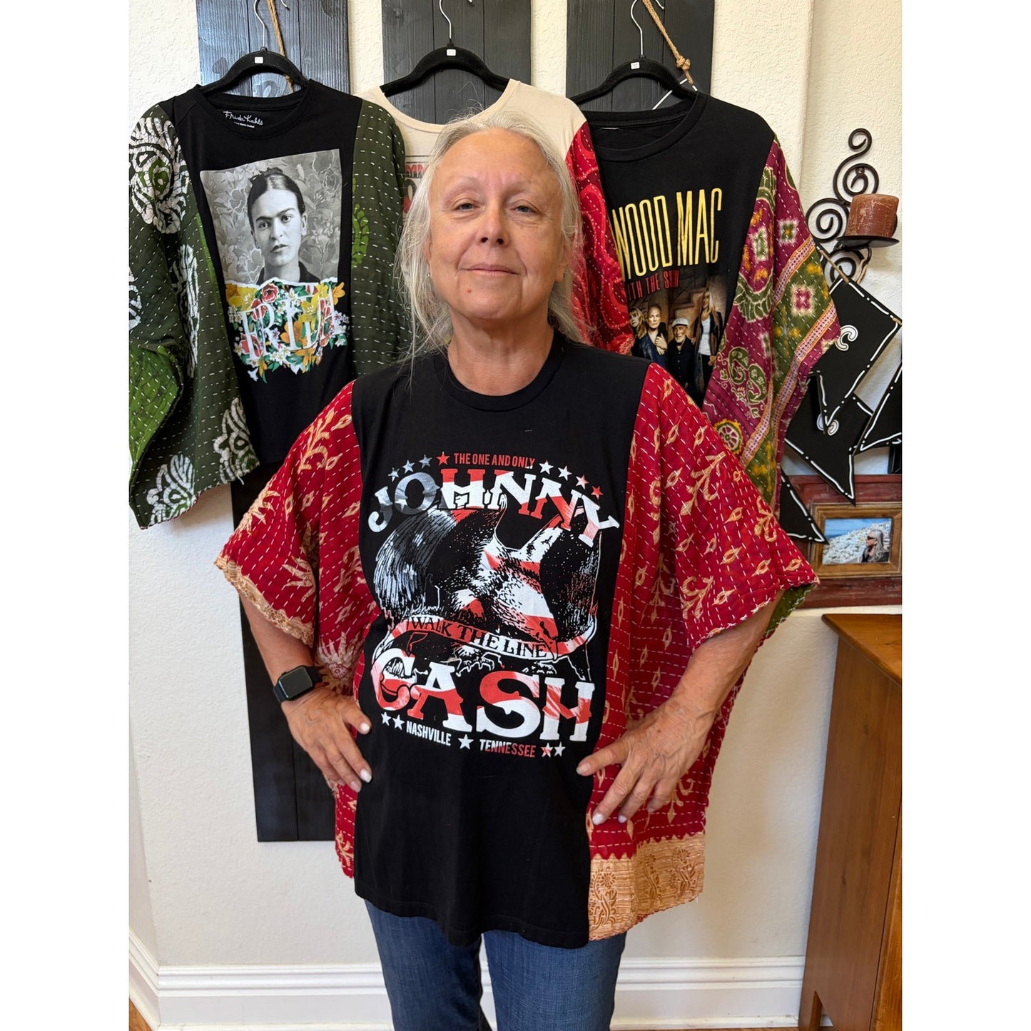 Johnny Cash Upcycled Kantha Tunic Top Shirt OS Handmade Boho