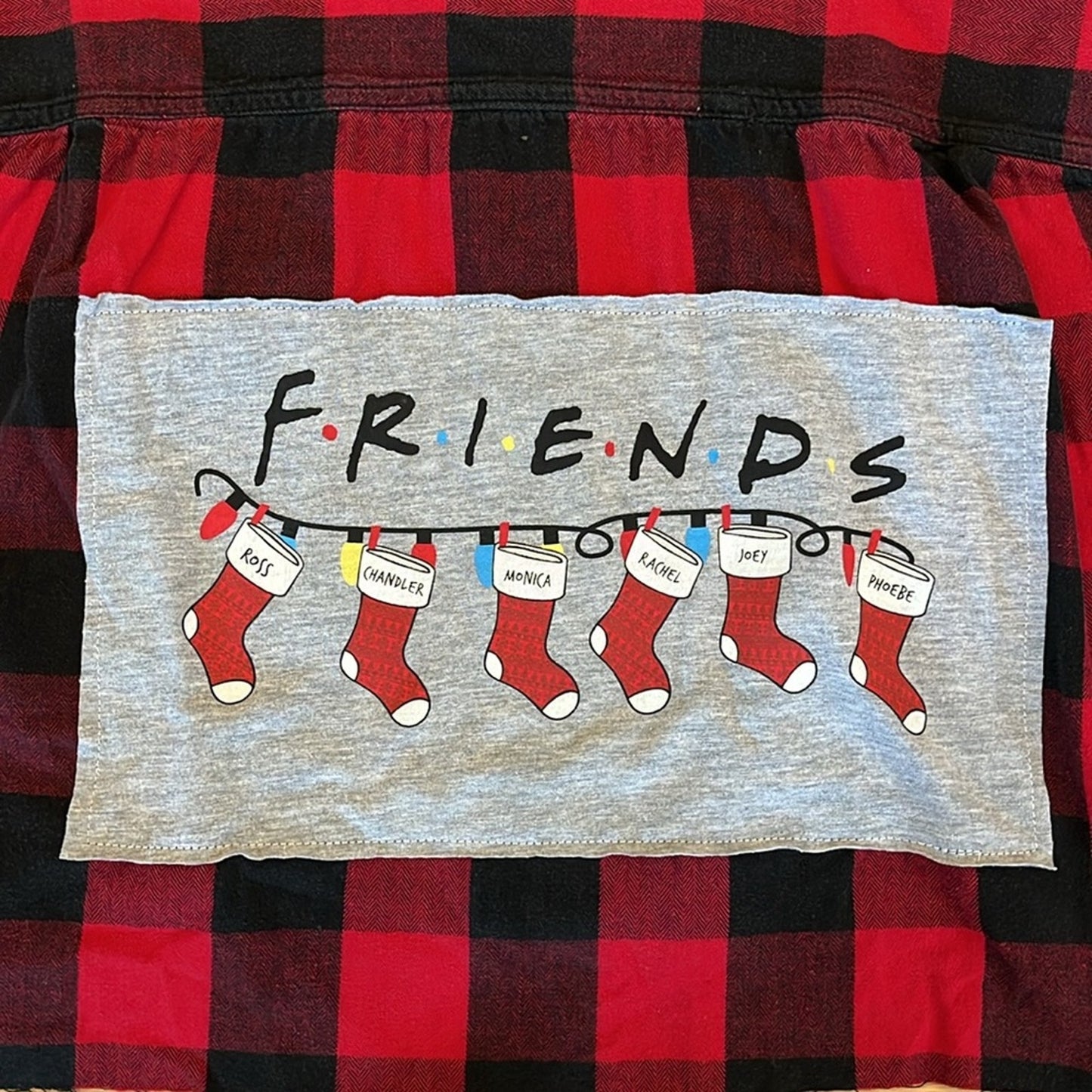 Friends Christmas Flannel Shirt Crop Shirt upcycled one of a kind large