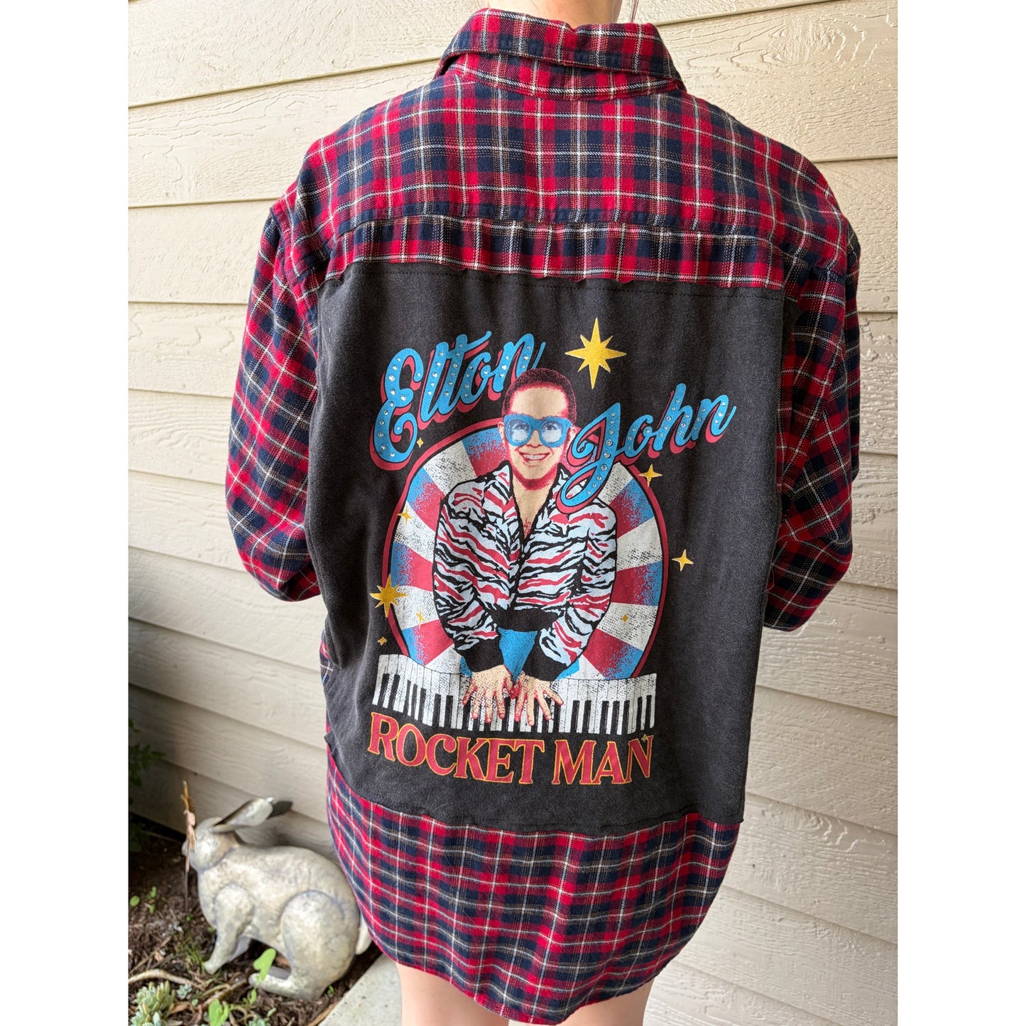 Elton John Upcycled Flannel Shirt Unisex Size XXL Handmade
