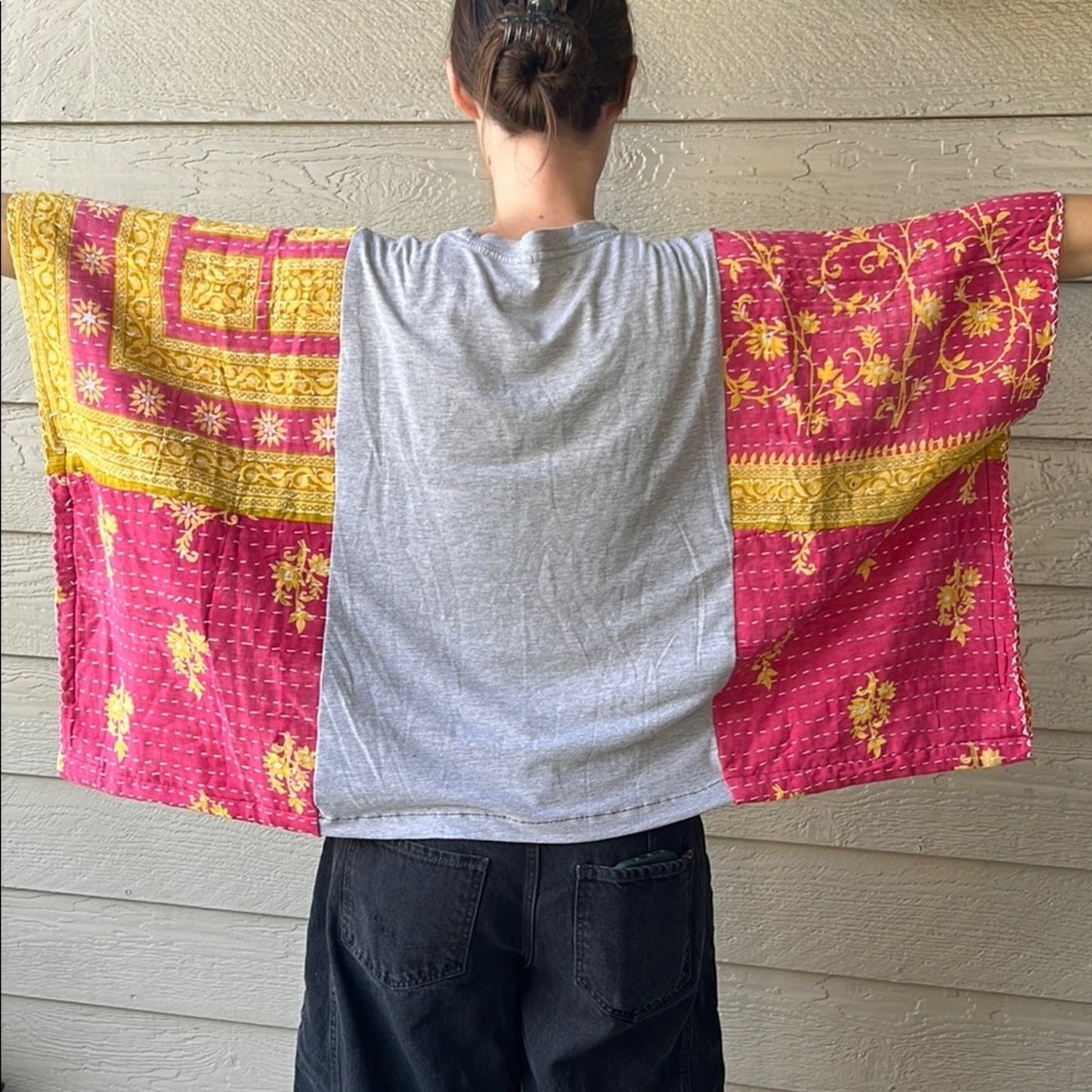 Beatles Upcycled Kantha Tunic Top Kimono Shirt OS Handmade Bohemian Hippie