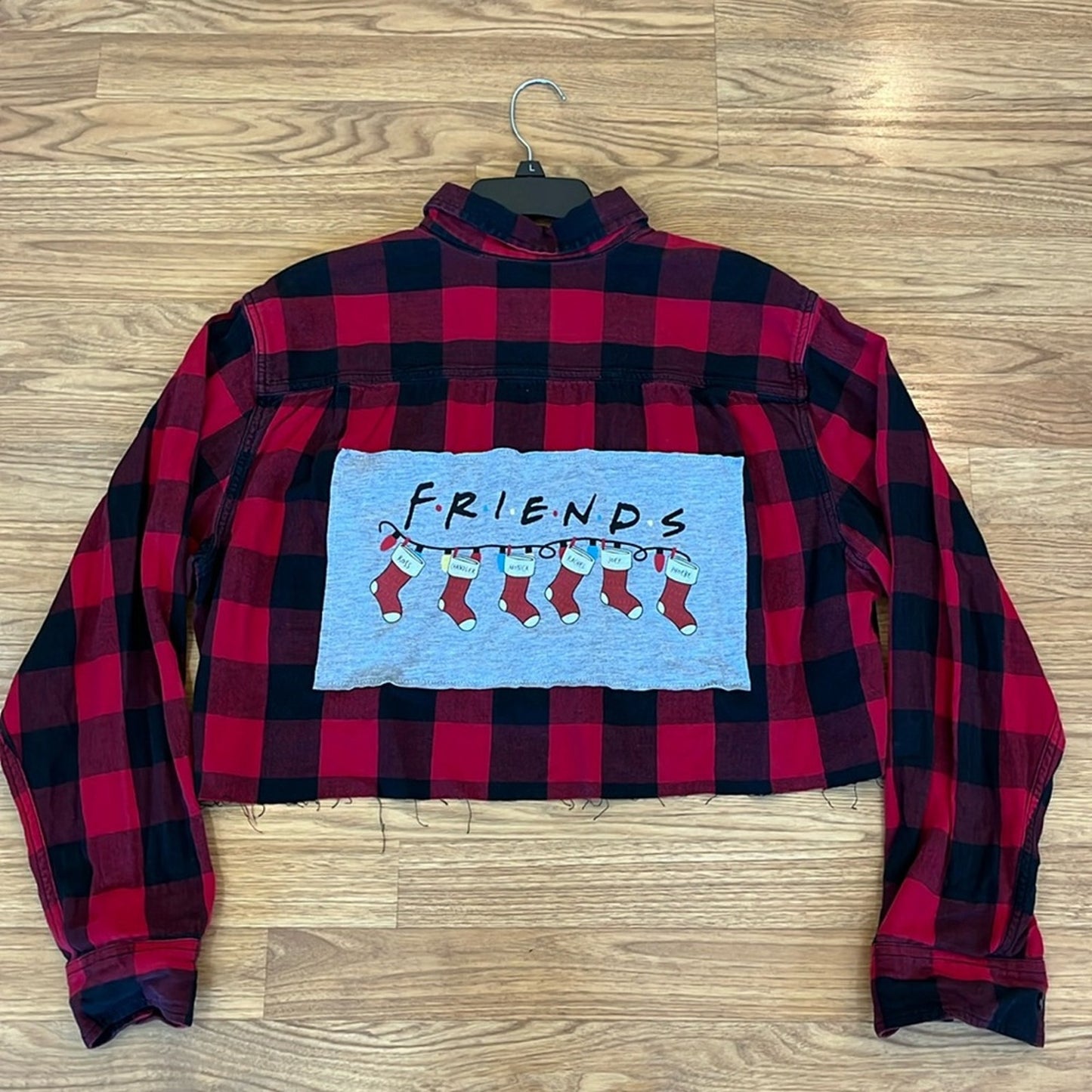 Friends Christmas Flannel Shirt Crop Shirt upcycled one of a kind large