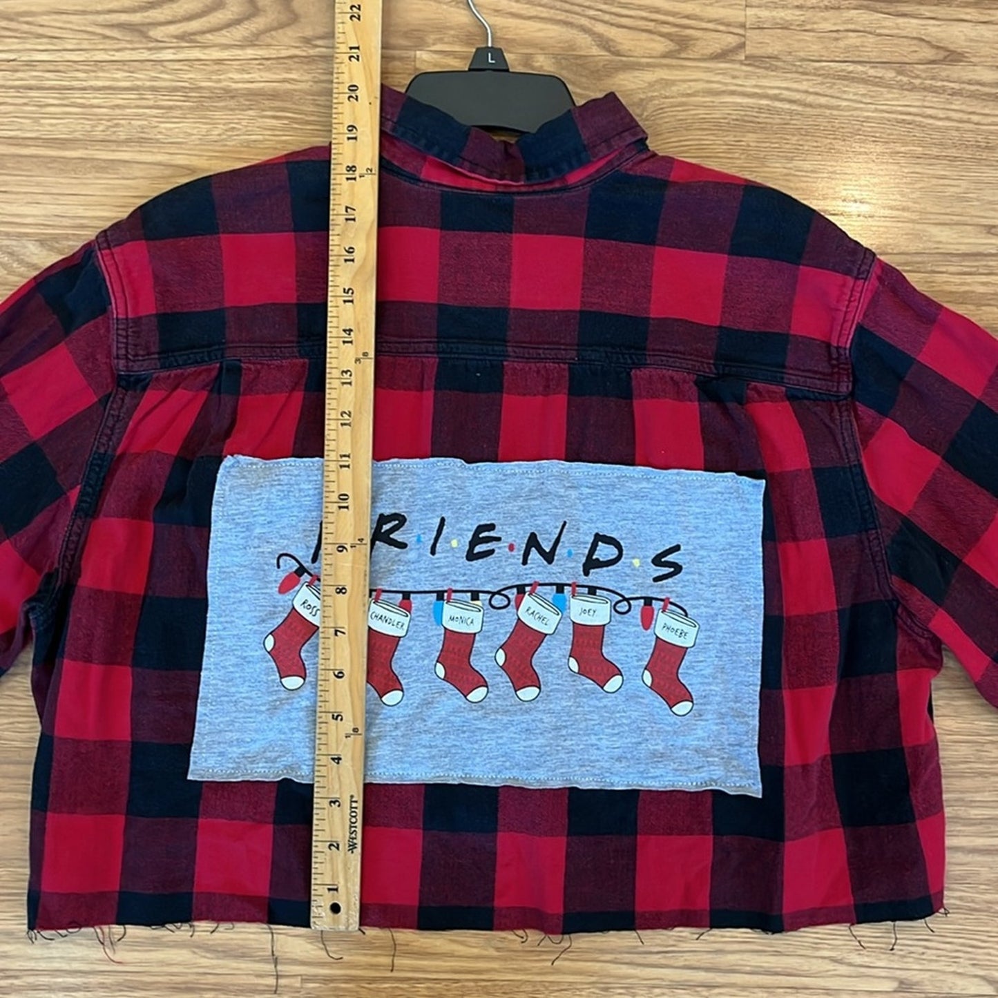 Friends Christmas Flannel Shirt Crop Shirt upcycled one of a kind large