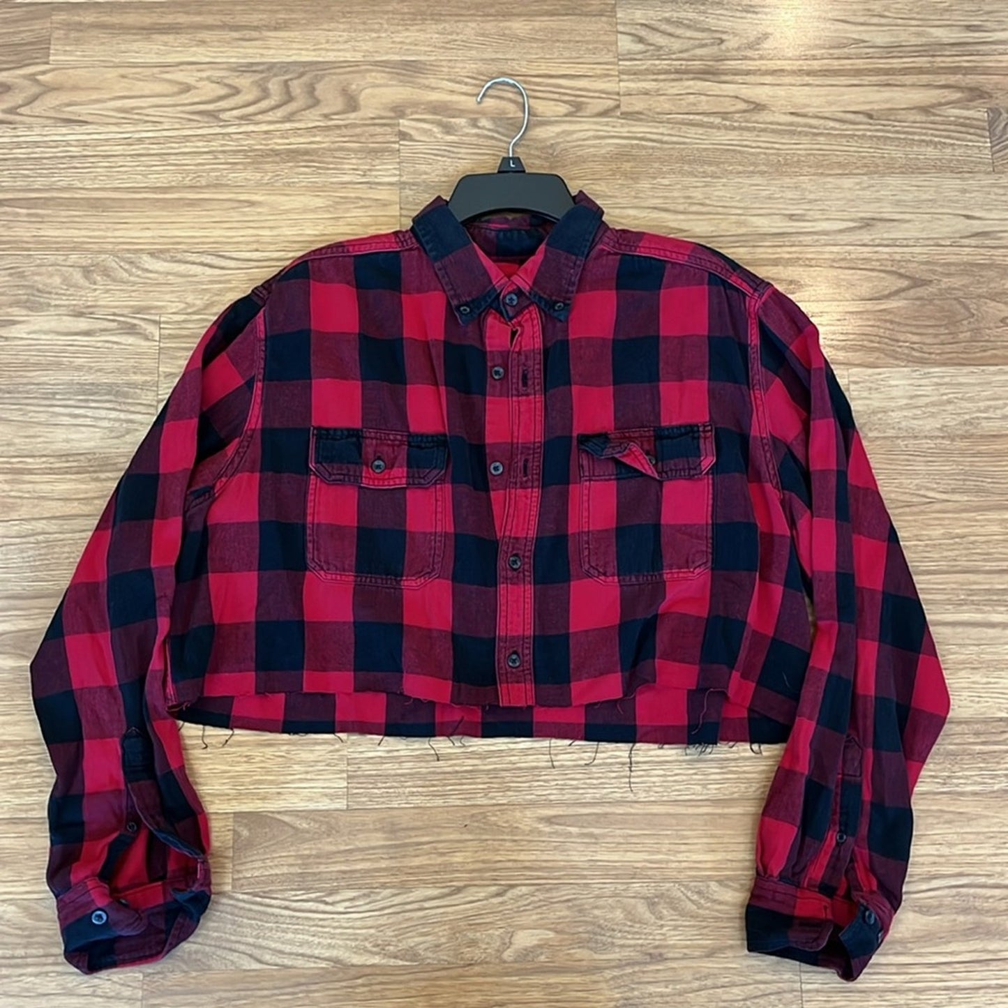 Friends Christmas Flannel Shirt Crop Shirt upcycled one of a kind large