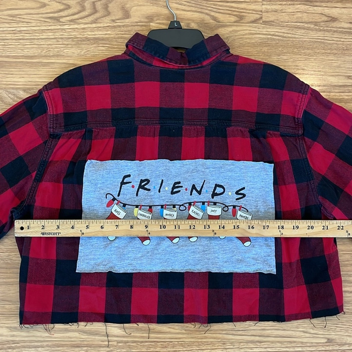 Friends Christmas Flannel Shirt Crop Shirt upcycled one of a kind large