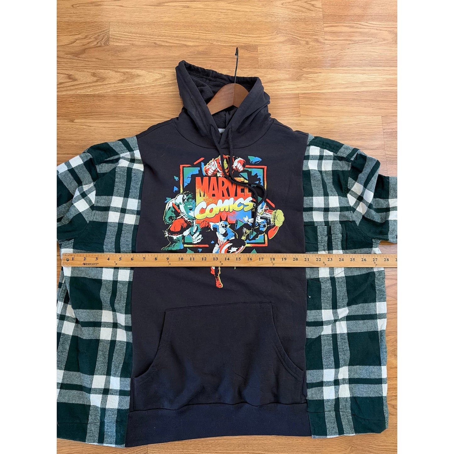 Marvel Comics Avengers Upcycled Flannel Sweatshirt Hoodie OS