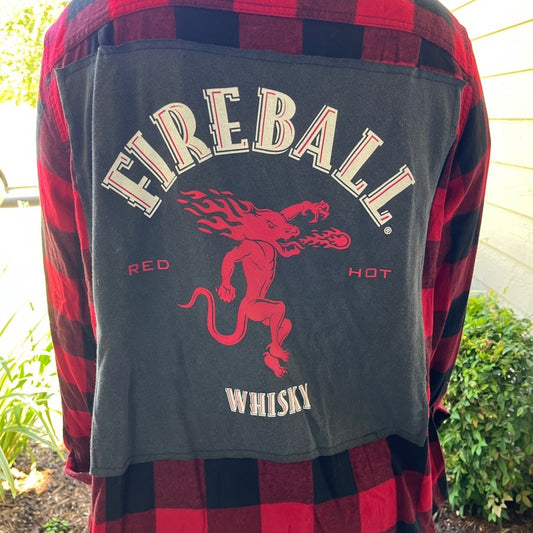 Fireball Whiskey Flannel Shirt upcycled one of a kind unisex large L