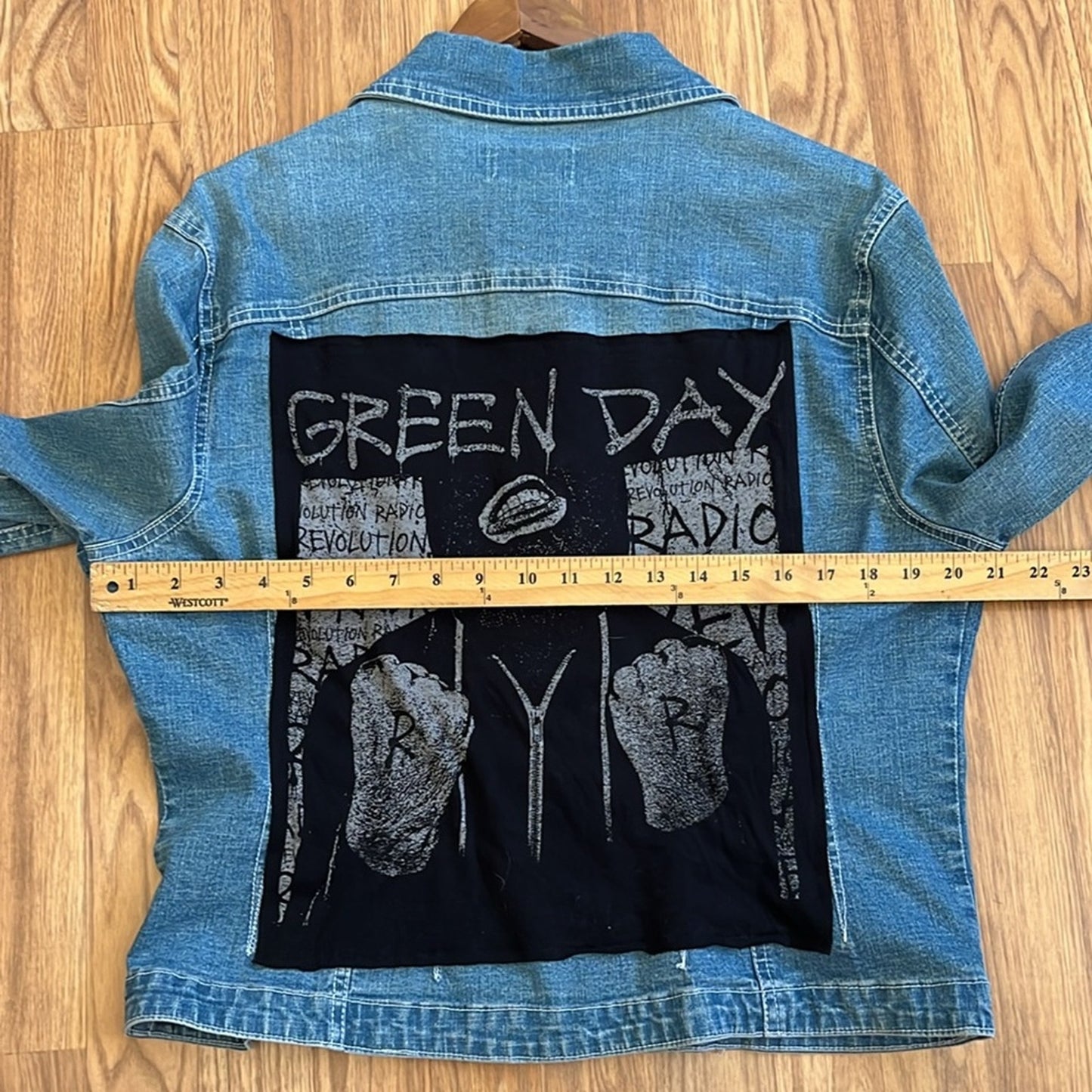 Green Day Jean Jacket upcycled one of a kind XL X-large