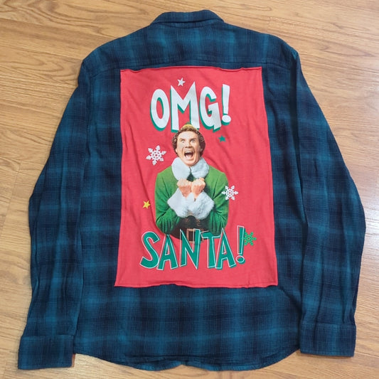Elf Christmas OMG Santa Upcycled Flannel Shirt men's / unisex Medium M