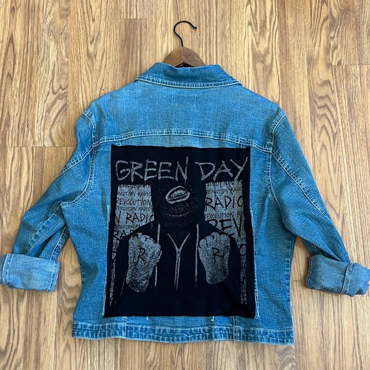 Green Day Jean Jacket upcycled one of a kind XL X-large