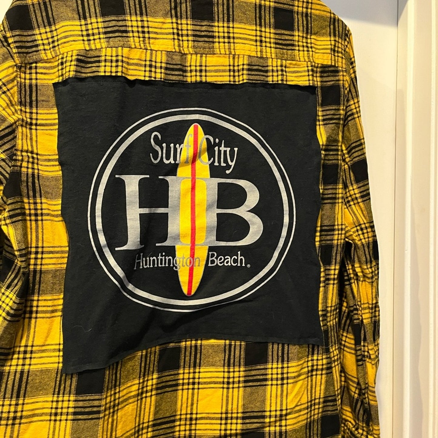 Huntington Beach California Surf City Flannel Shirt upcycled unisex Large