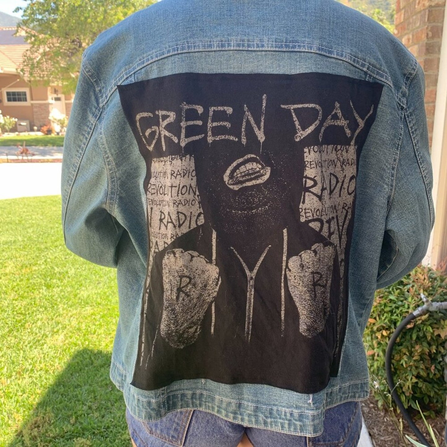 Green Day Jean Jacket upcycled one of a kind XL X-large