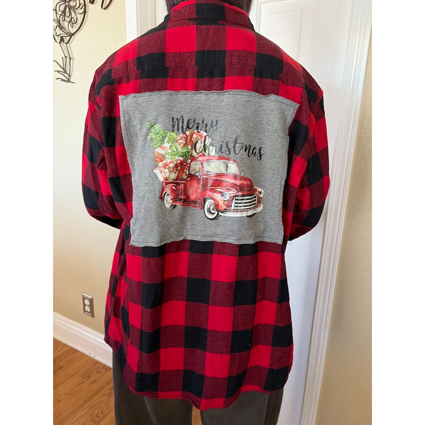Merry Christmas Truck Upcycled Flannel Shirt Unisex Large L