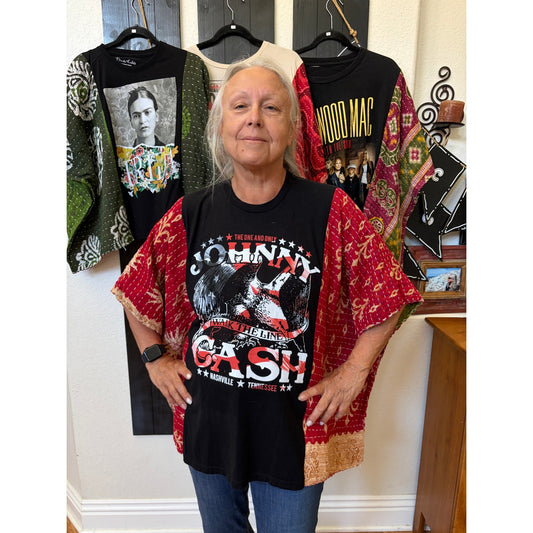 Johnny Cash Upcycled Kantha Tunic Top Shirt OS Handmade Boho