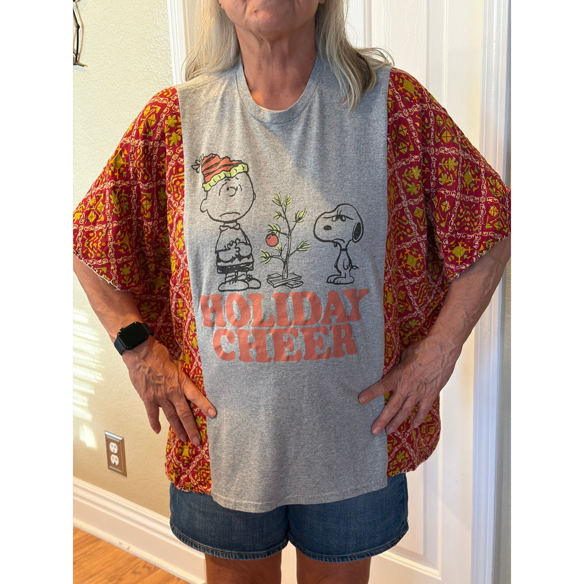 Snoopy Holiday Cheer Upcycled Kantha Tunic Top Shirt OS