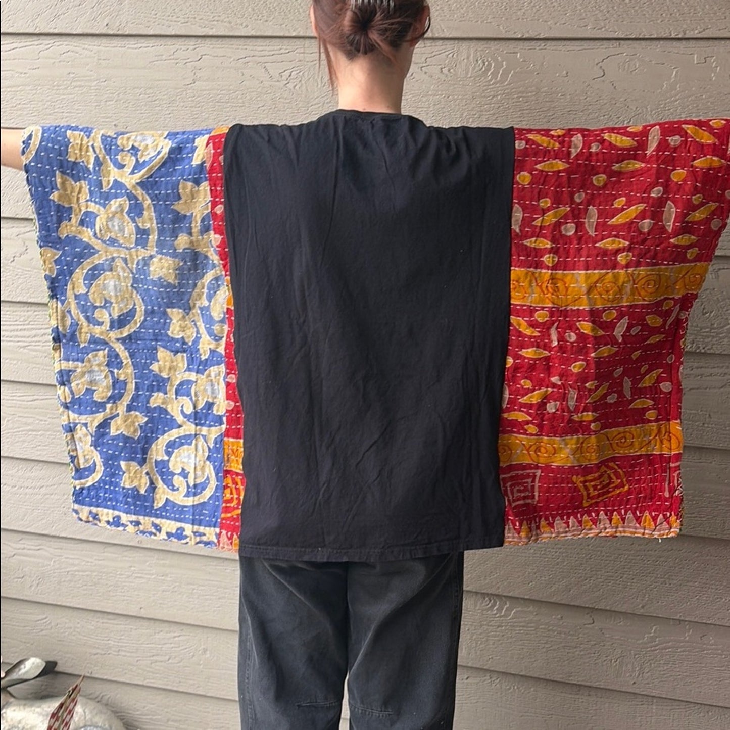 Green Day Upcycled Kantha Tunic Top Shirt OS Handmade Bohemian Hippie