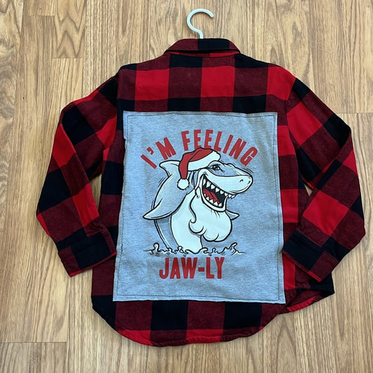 Christmas I'm Feeling Jaw-ly Shark Flannel Shirt upcycled unisex Medium ( 8 )