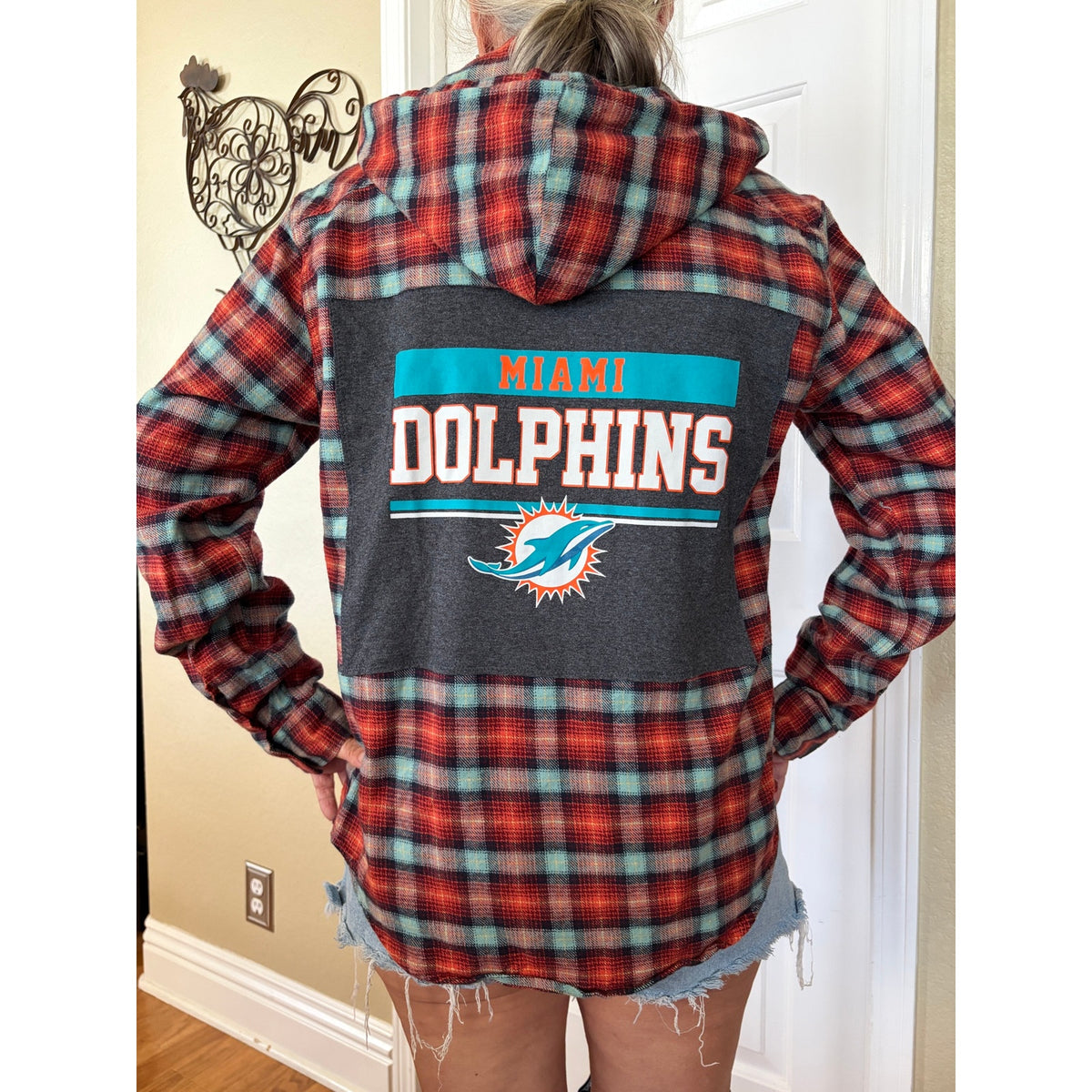 Miami Dolphins NFL Upcycled Flannel Shirt Unisex Size Large L Hood