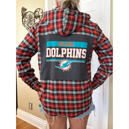 Miami Dolphins NFL Upcycled Flannel Shirt Unisex Size Large L Hood