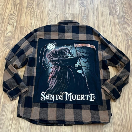 Halloween Santa La Muerte Upcycled Flannel Shirt upcycled size 2XLarge unisex