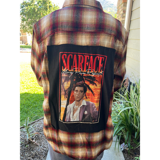 Scareface Money Power Respect Flannel Shirt upcycled one of a kind unisex medium