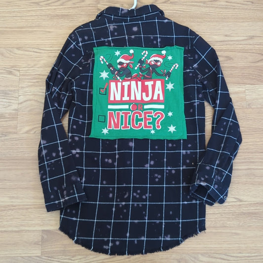 Ninja or Nice ? Holiday Flannel Shirt upcycled Bleached unisex Size Medium