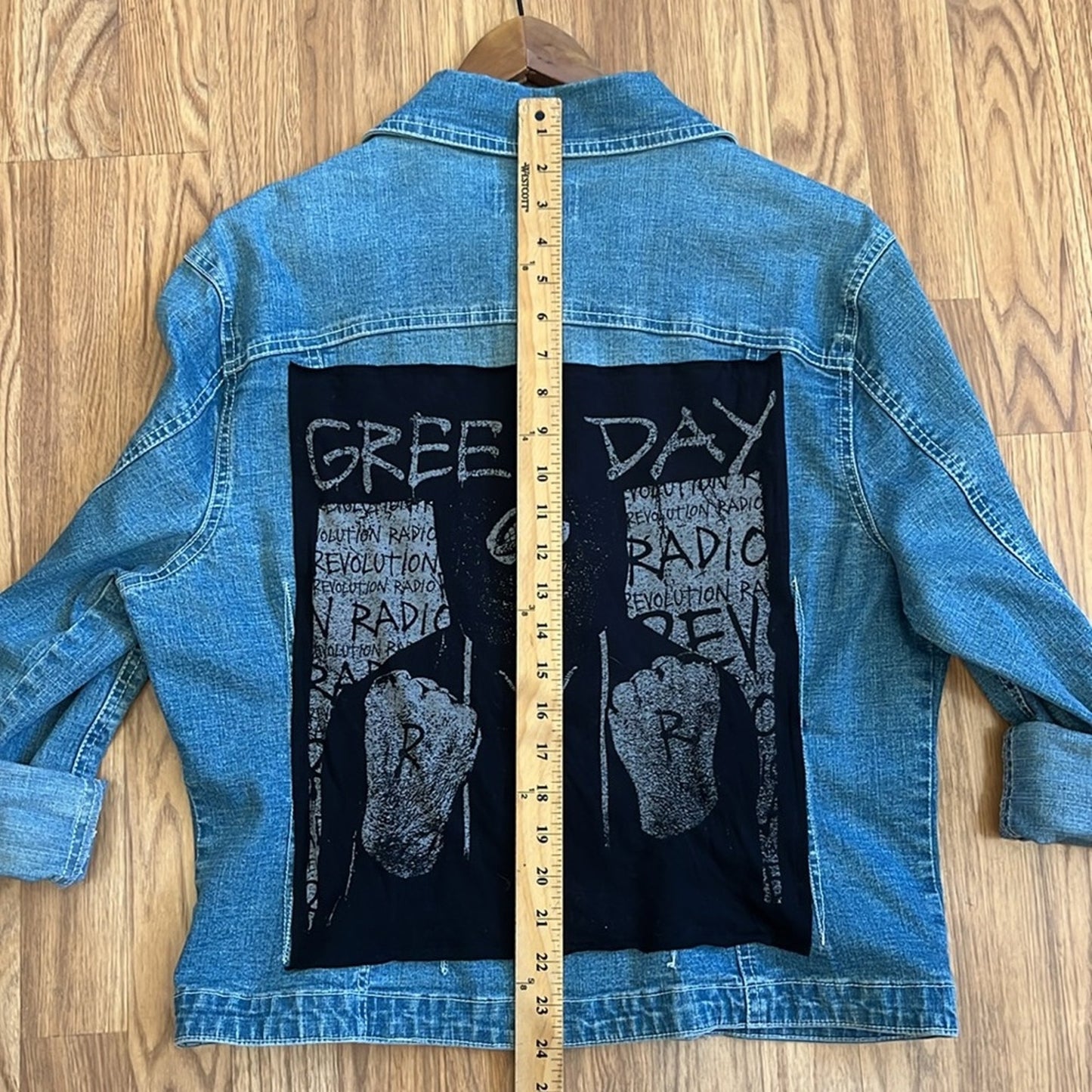 Green Day Jean Jacket upcycled one of a kind XL X-large