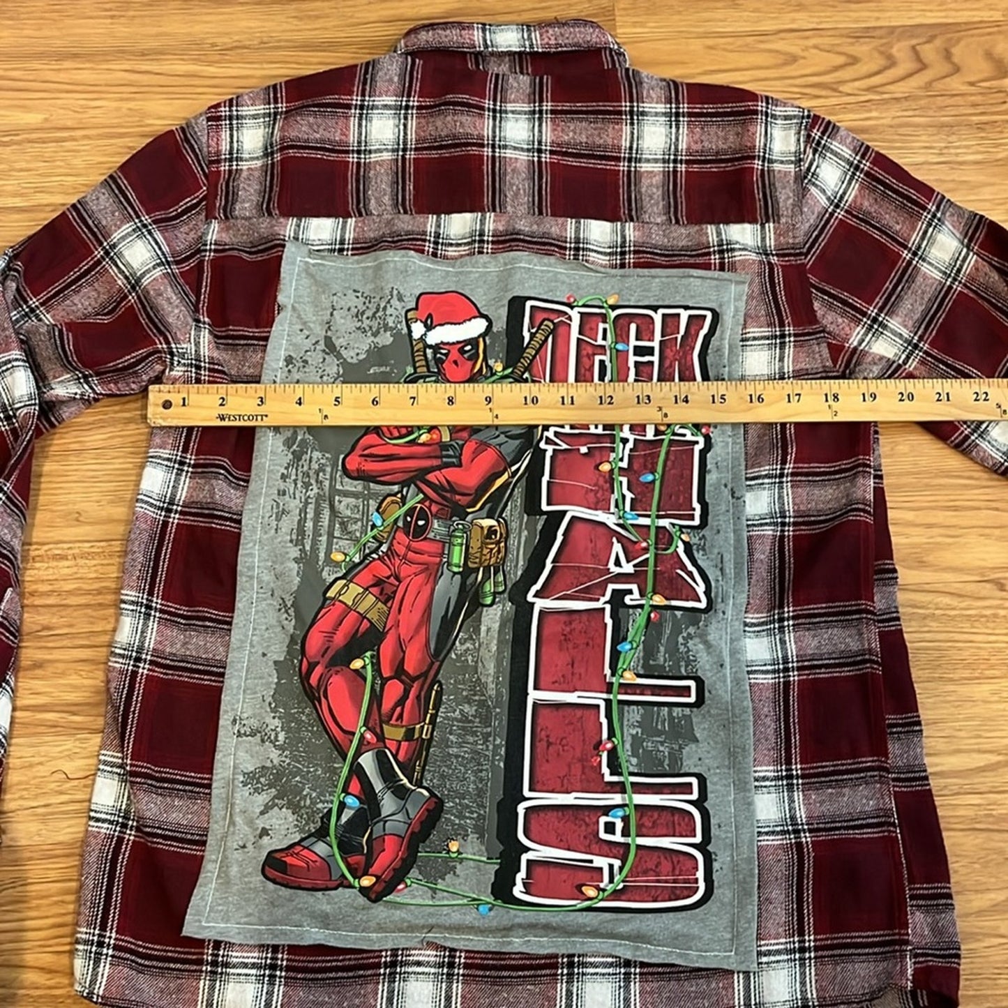 Deadpool Christmas Holiday Upcycled Flannel Shirt unisex Size Small S