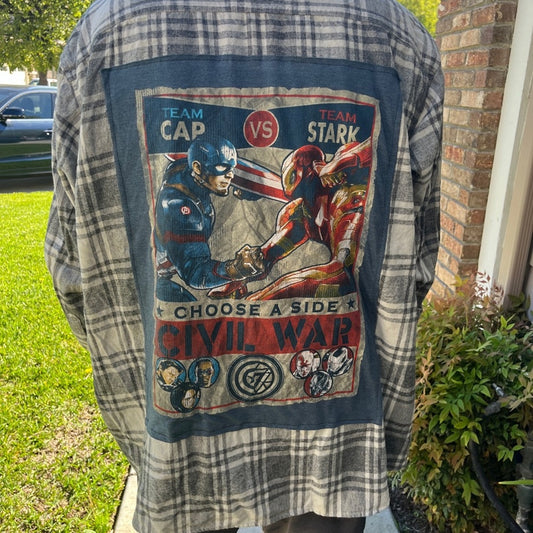 Marvel Captain America Civil War Upcycled Flannel Shirt Handmade Unisex Size 4XL