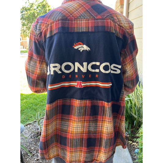 Denver Broncos NFL Football Flannel Shirt upcycled one of a kind unisex XL