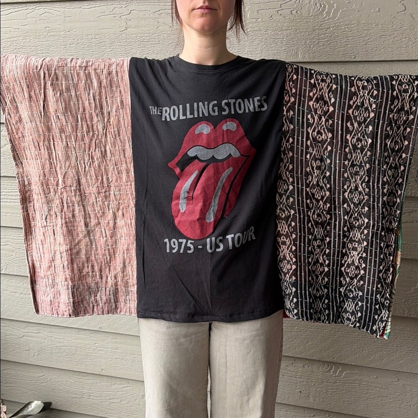 Rolling Stones Upcycled Kantha Tunic Top Shirt OS Handmade Bohemian Hippie