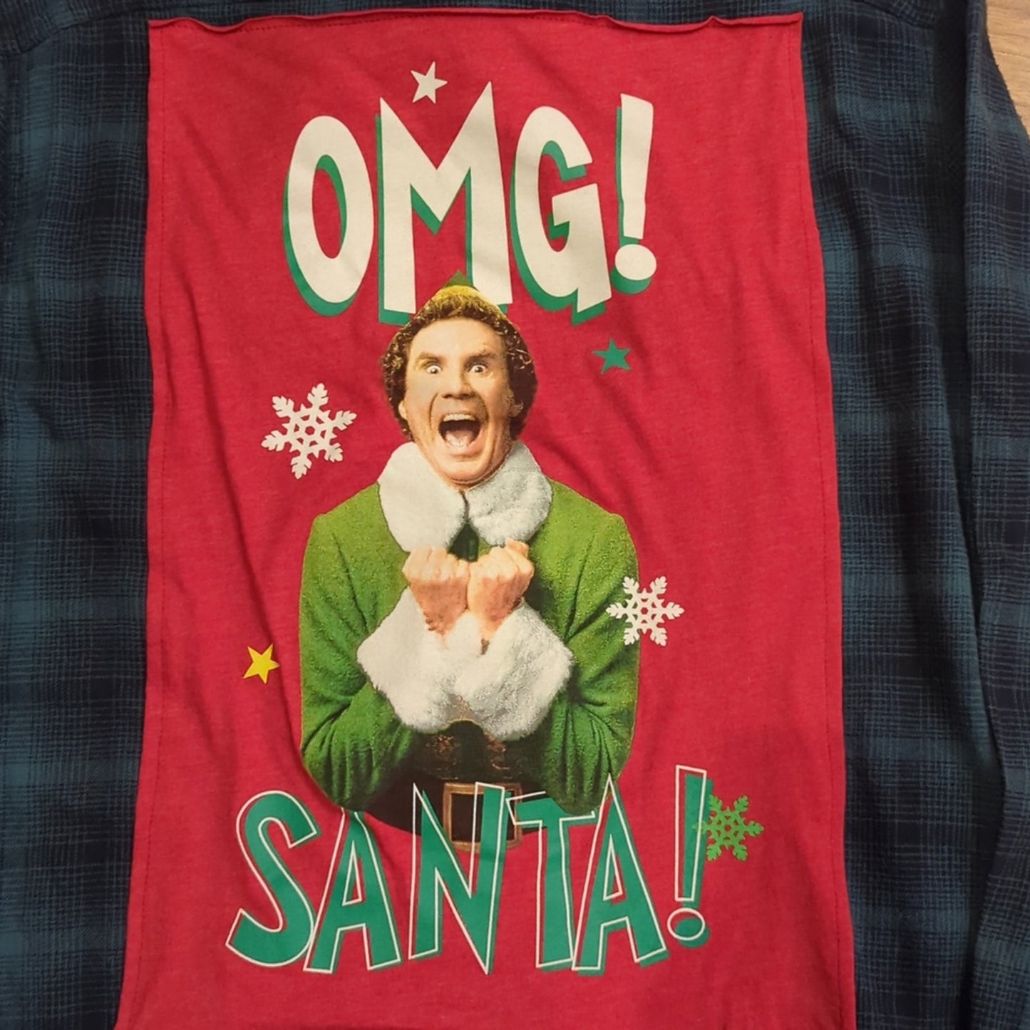 Elf Christmas OMG Santa Upcycled Flannel Shirt men's / unisex Medium M