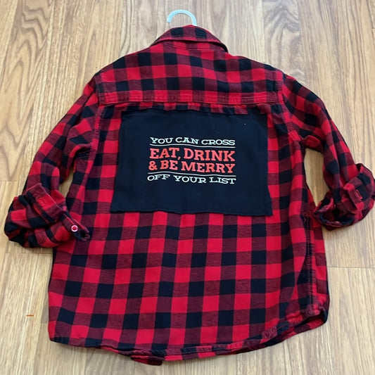Eat, Drink & be Merry Christmas Flannel Shirt upcycled unisex Size Medium (8)