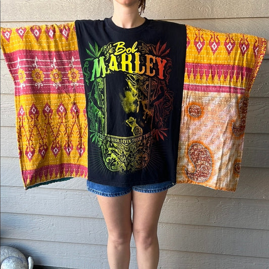 Bob Marley Upcycled Kantha Tunic Top Shirt OS Handmade Bohemian