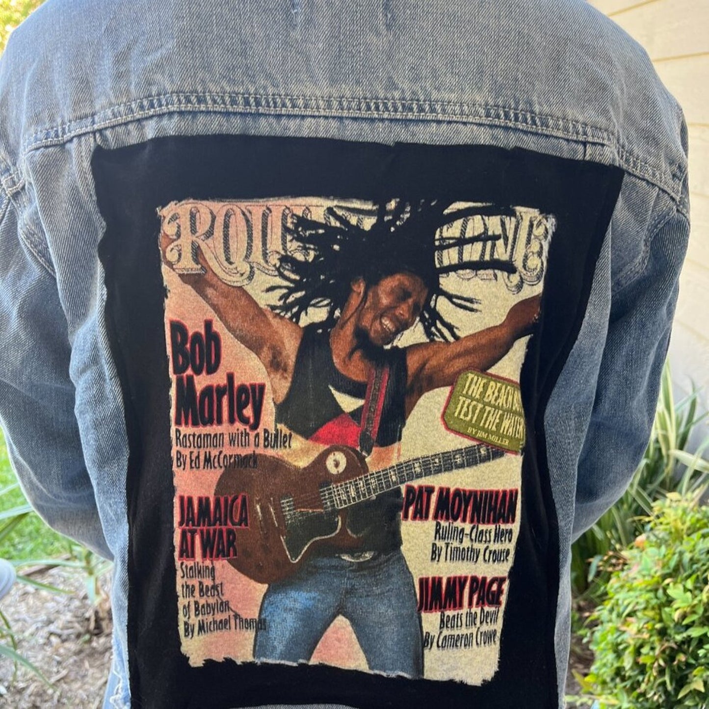 Bob Marley Frayed  Jean Jacket upcycled one of a kind Small