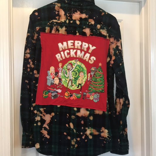 Merry Rickmas Rick & Morty Christmas Upcycled handcrafted flannel shirt unisex M