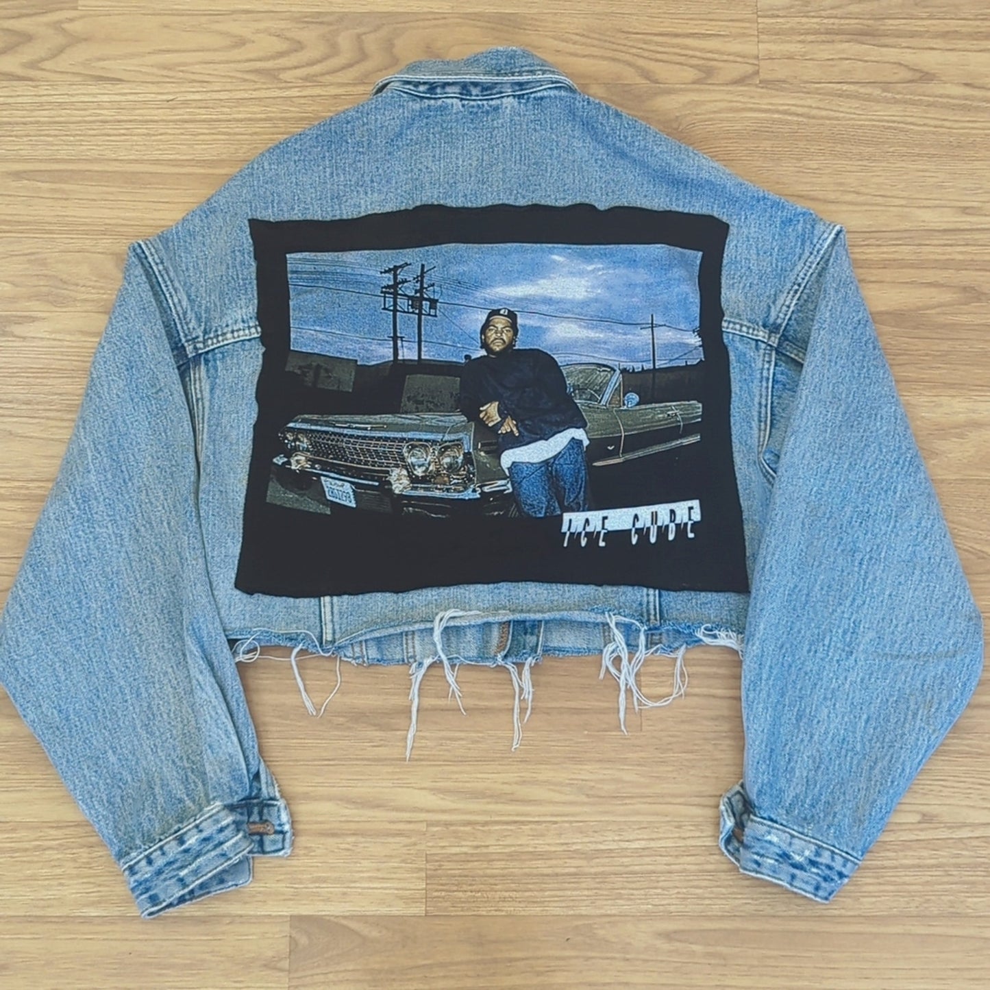 Ice Cube Frayed Jean Jacket upcycled one of a kind Small