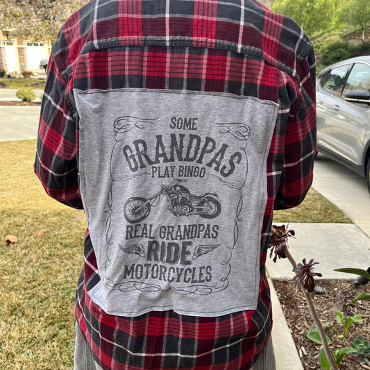 Real Grandpas Ride Motercycles Flannel Shirt Upcycled size Large L