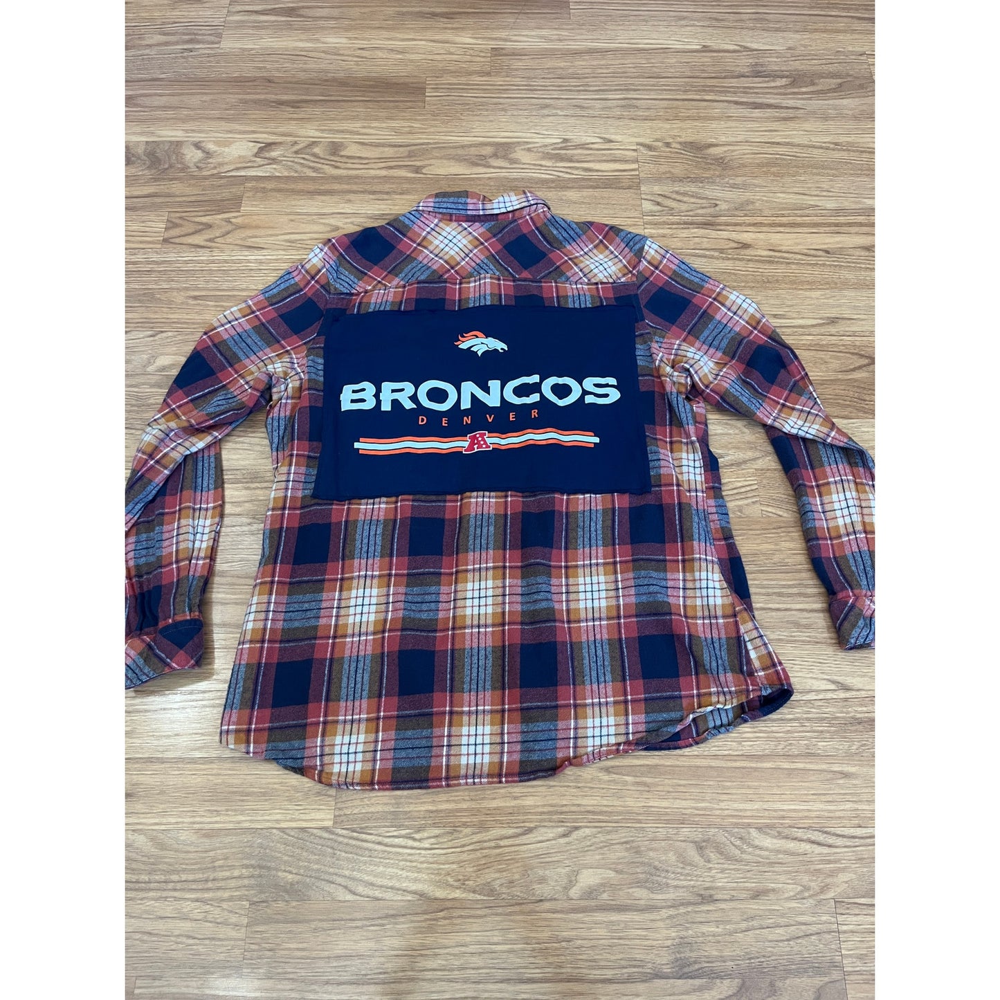 Denver Broncos NFL Football Flannel Shirt upcycled one of a kind unisex XL