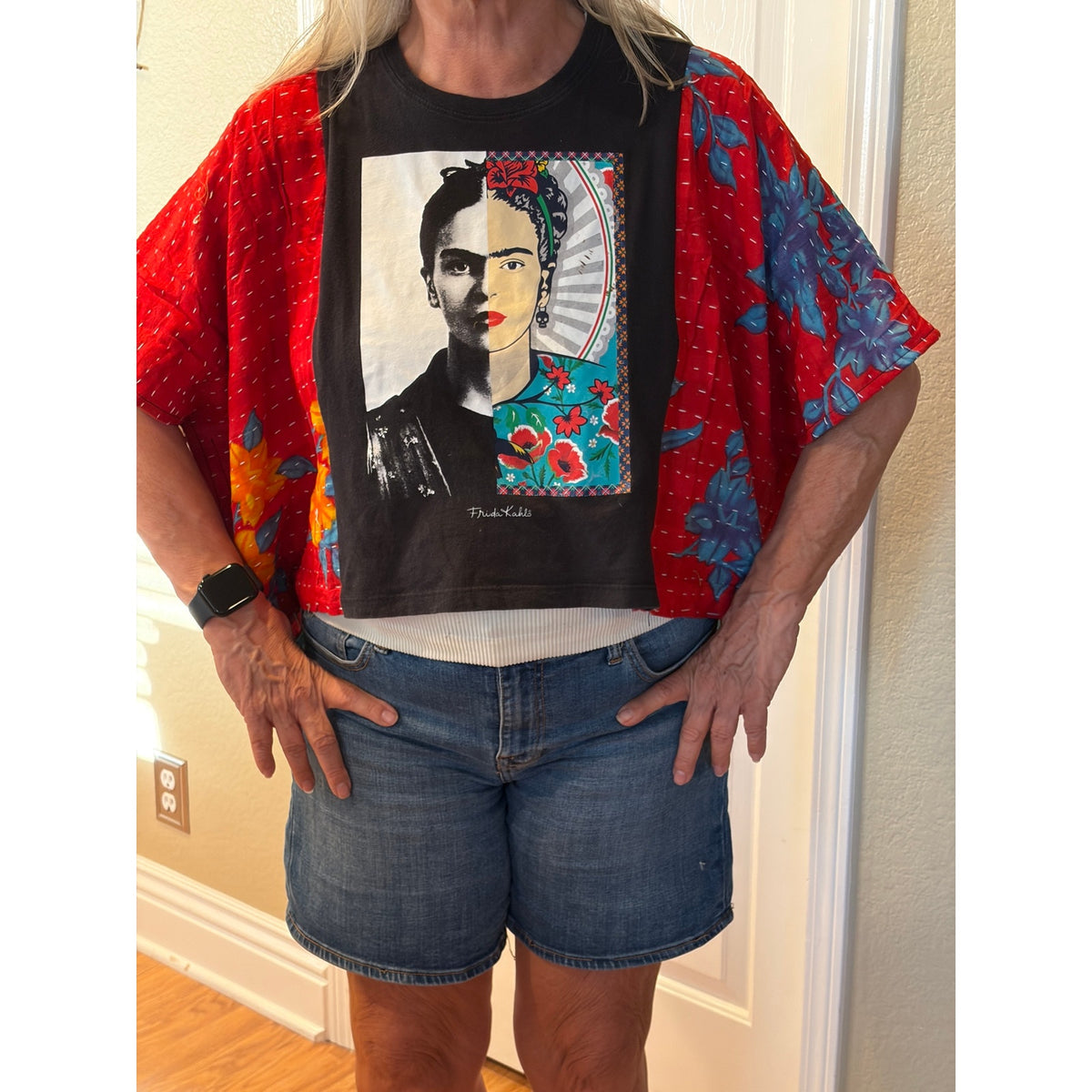 Frida Kahlo Upcycled Kantha Tunic Top Shirt OS Handmade Boho