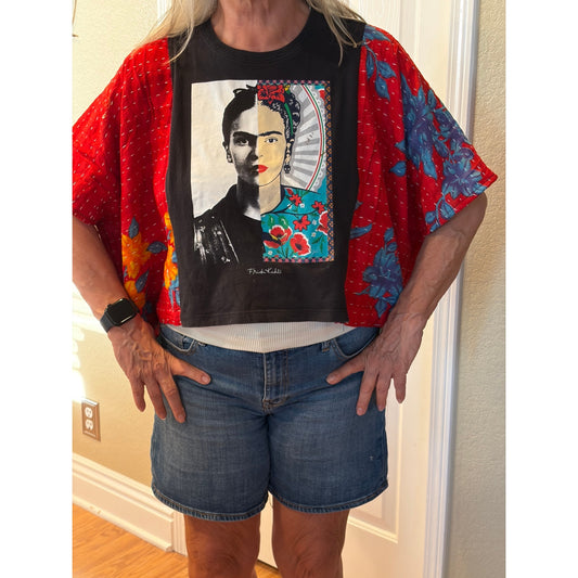 Frida Kahlo Upcycled Kantha Tunic Top Shirt OS Handmade Boho