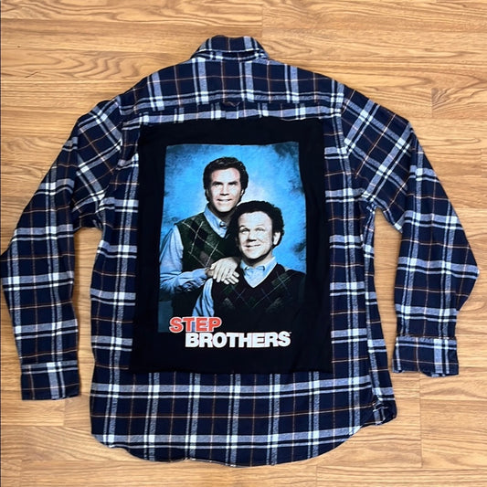 Step Brothers Blue Upcycled Flannel Shirt Unisex Size Large Tall LT