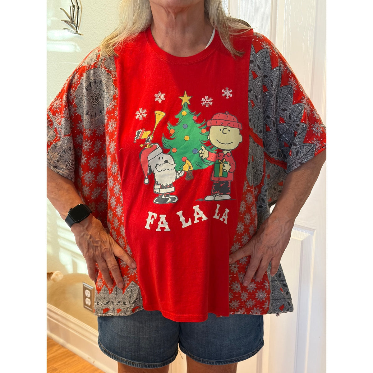Snoopy Christmas Holiday Upcycled Kantha Tunic Tops Shirt OS Handmade Bohemian