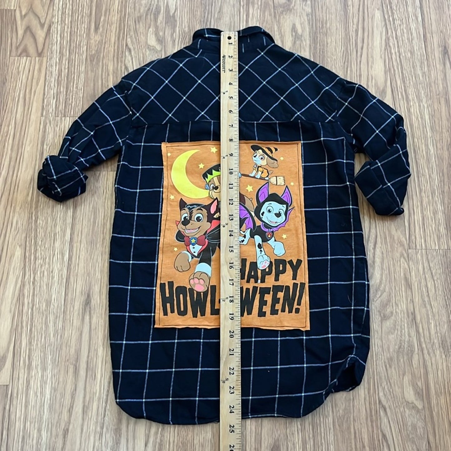 Happy Howl-oween Halloween Flannel shirt upcycled unisex size 6