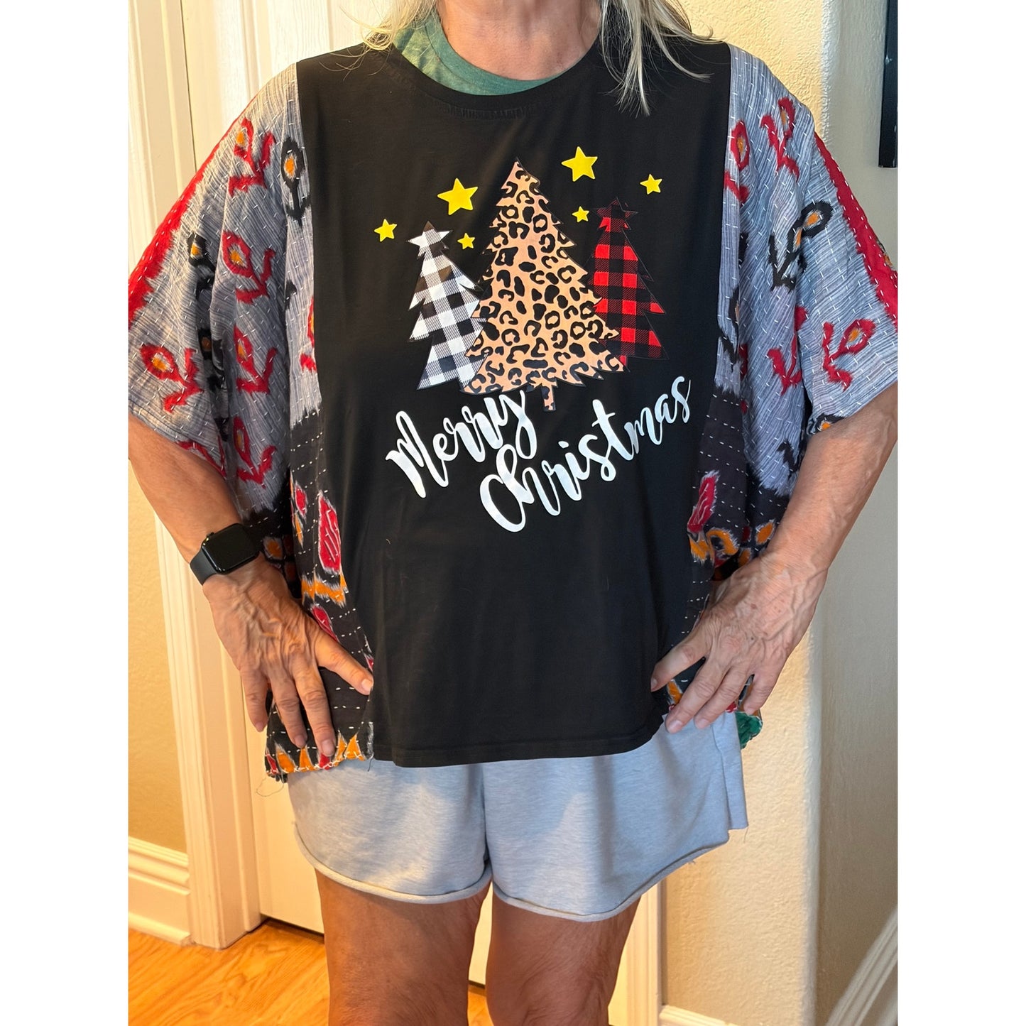 Merry Christmas Trees Upcycled Kantha Tunic Top Shirt OX