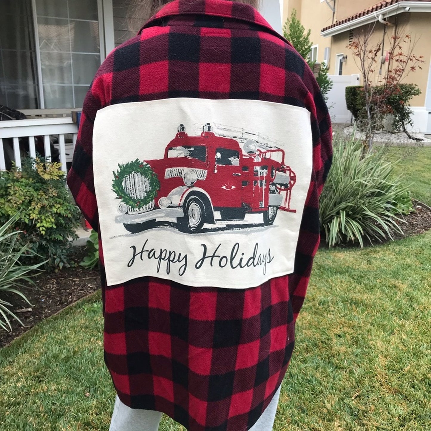 Christmas Firetruck Upcycled Fleece jacket / shirt  Size 2XL