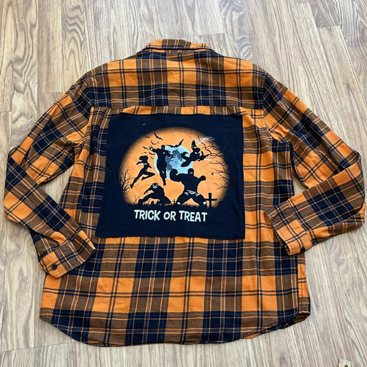 Halloween trick or treat Flannel Shirt upcycled unisex size medium