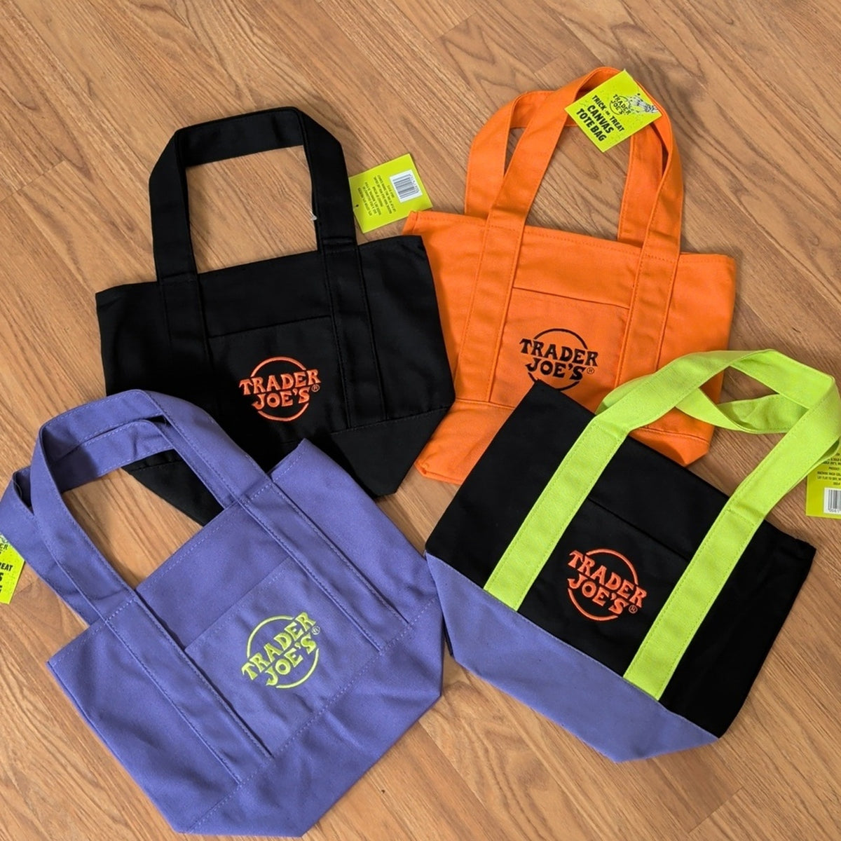 Trader Joe's Halloween Tote Bags Set of 4 Black Orange Purple Green