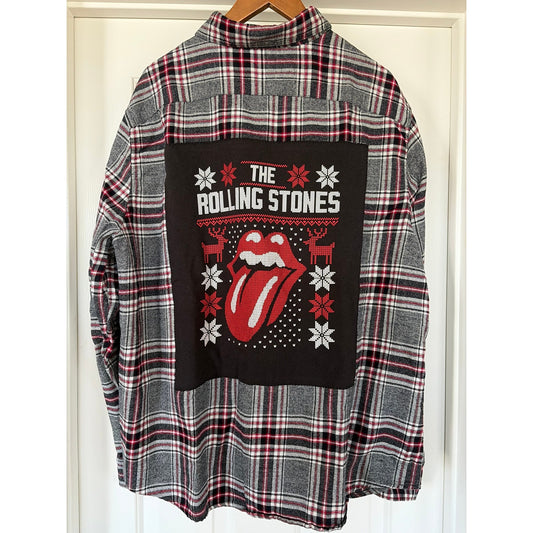 Rolling Stones Christmas Upcycled Flannel Shirt Unisex Size XXL
