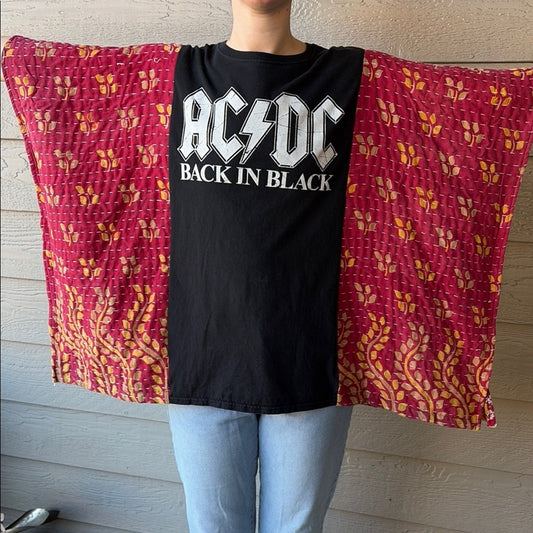 AC/DC ACDC Upcycled Kantha Tunic Top Shirt OS Handmade Bohemian
